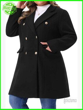 Plus Size Winter Pea Coat Double Breasted Long Trench Jacket Fitted